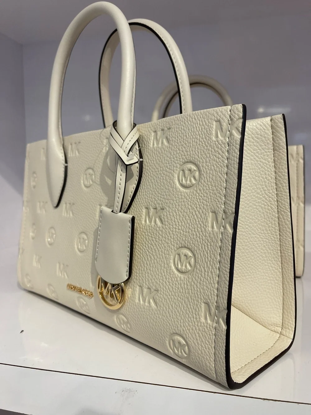 Michael Kors Mirella Md Logo Debossed Satchel Shoulder Tote Handbag Lt Cream NWT